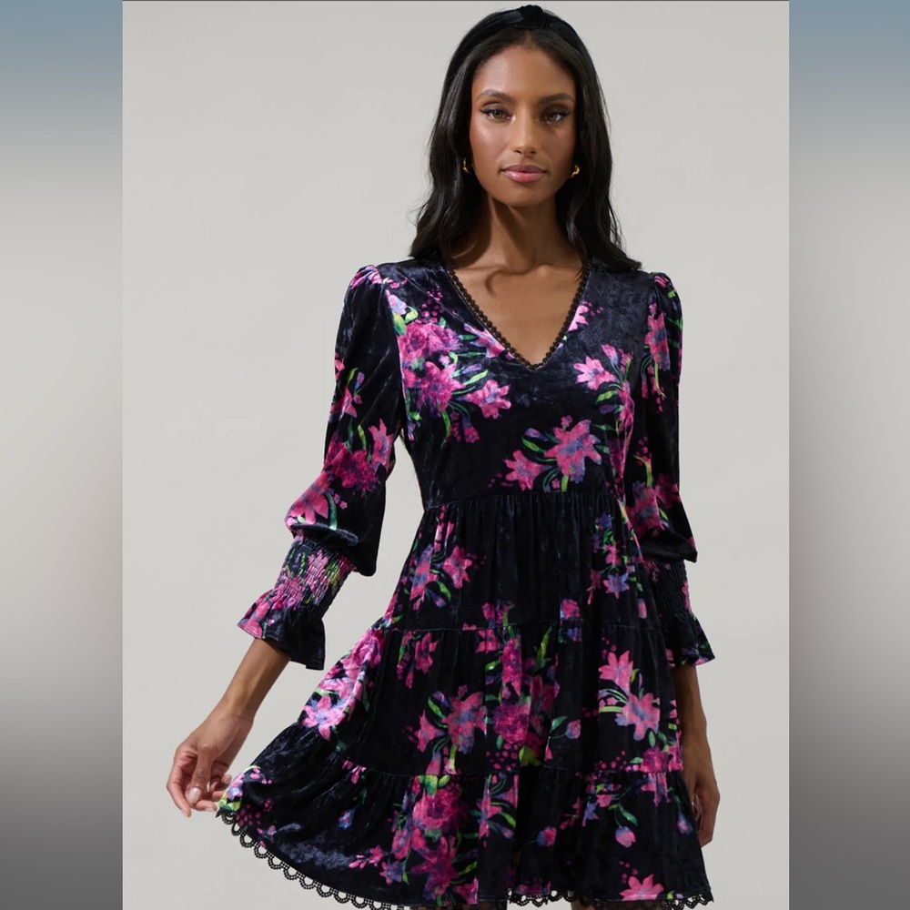 Sugarlips Velvet Floral V-Neck Midi Dress in Black and Pink